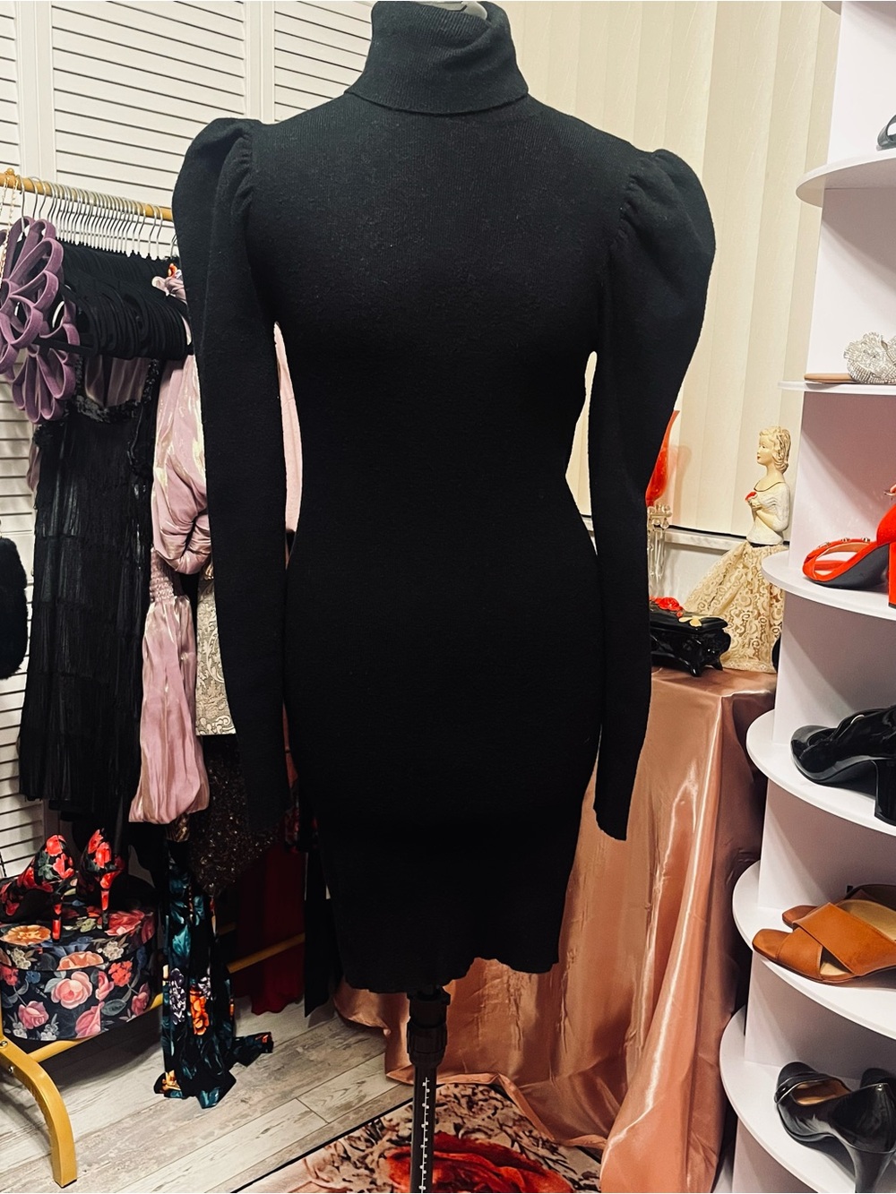 Black Turtleneck Puff-Sleeve Bodycon Dress - Picture 2 of 4